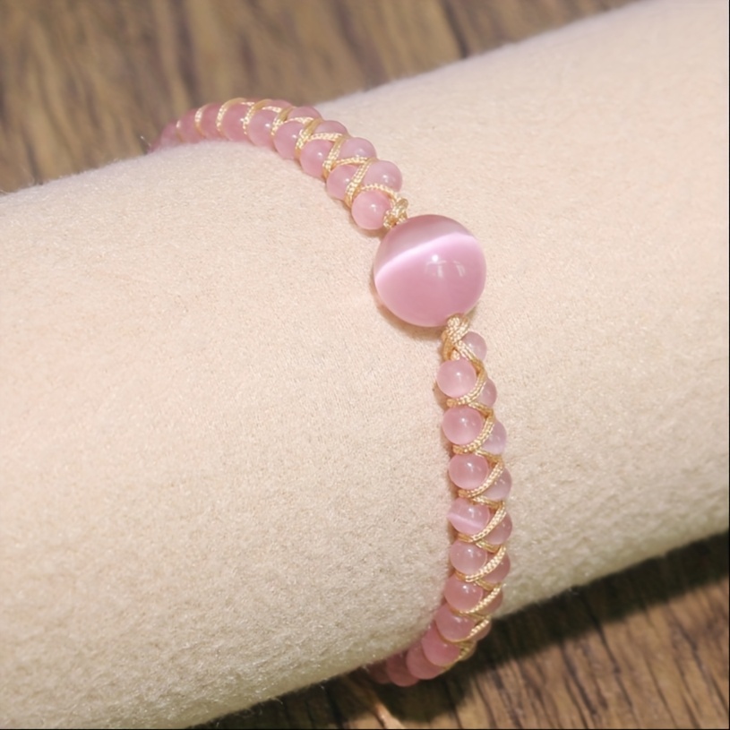 Women's Love Attracted Woven Bracelet with Pink Cat's Eye Stone